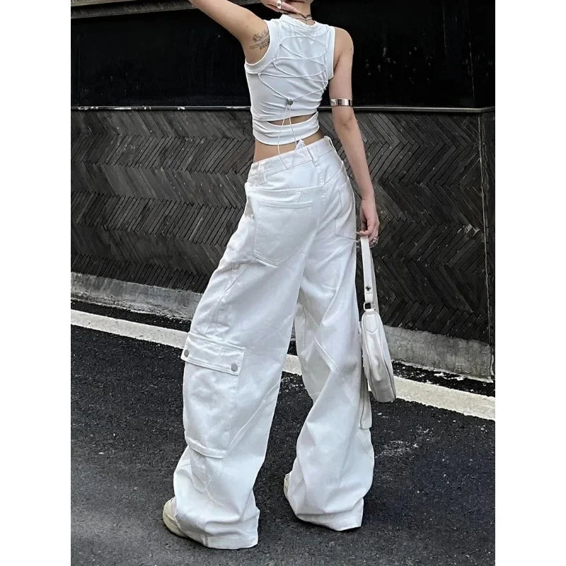 Baggy Cargo Jeans Woman Korean Harajuku Wide Leg Denim Pants Basic White Trousers