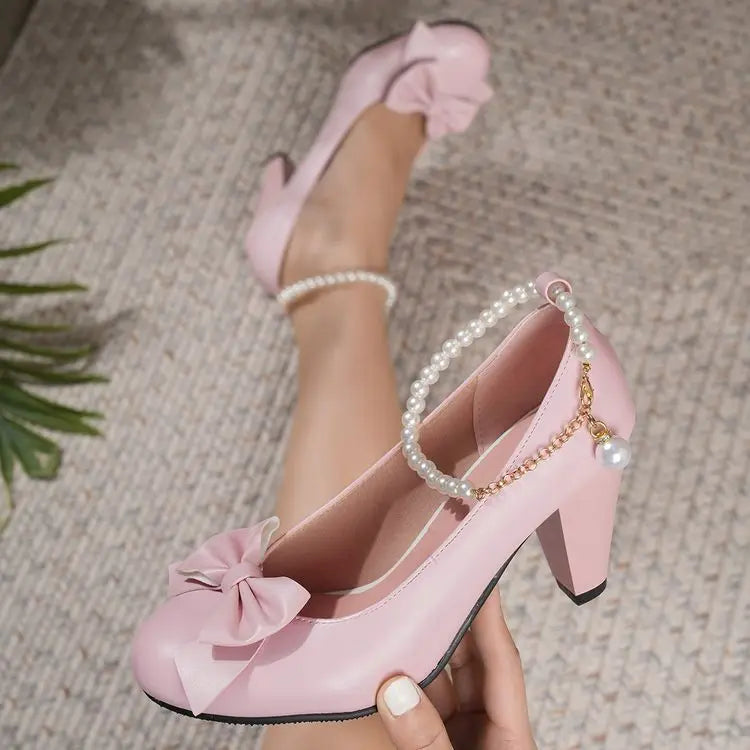 Bowknot Shallow Mouth Korean Shoes Pearl Decorateion Female Sneakers Round Toe Heels Crystal Butterfly 2