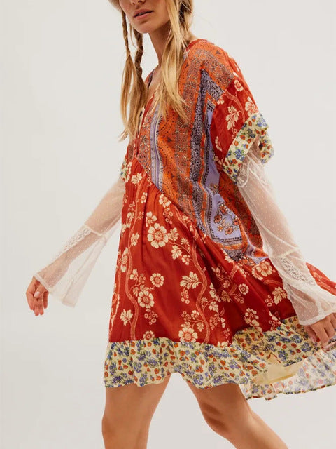 Color Print Mini Dresses Spring Summer New V-neck Short Sleeves Folds Loose Irregular Short Dress Vestidos
