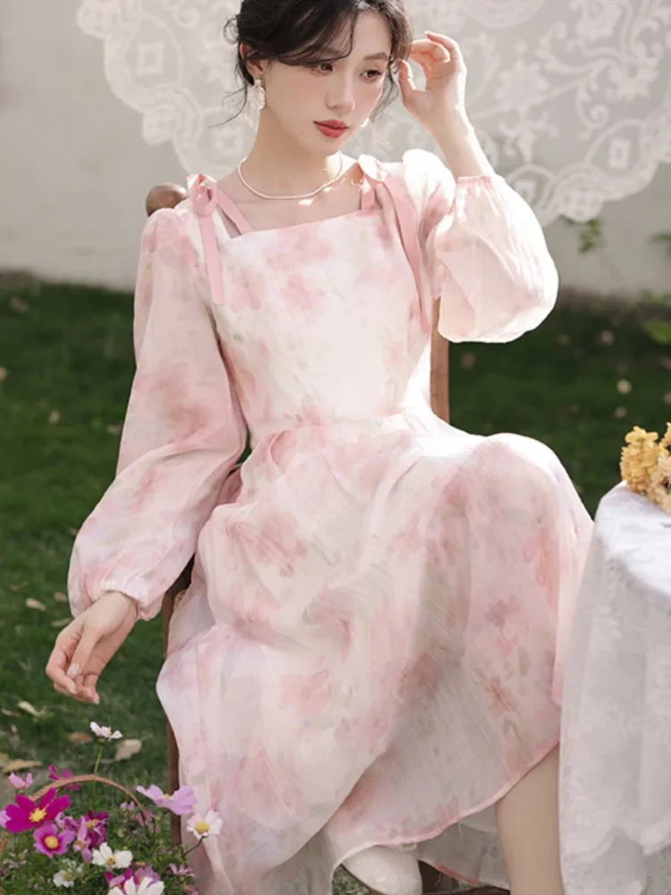 Party Long Dresses Spring Fairycore Dress Pink Bow Laceup French Style Square Neck Fairy Dresses Female Cloting New