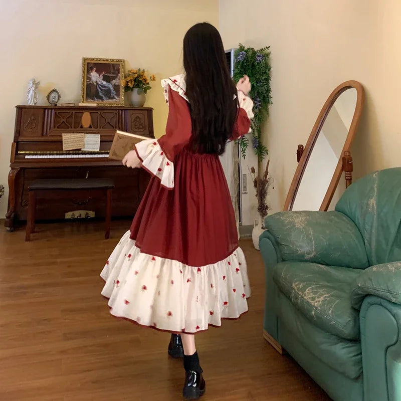 Heavy Industry Embroidery Splicing Contrasting Color Princess Dress Female Doll Collar College Style Sweet Long Dress for
