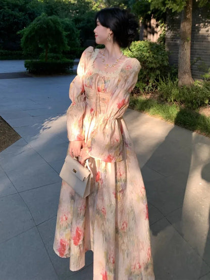 French Printed Midi Long Dress Autumn Square Collar Lantern Sleeve Laceup Midi Vestidos One Piece Clothing