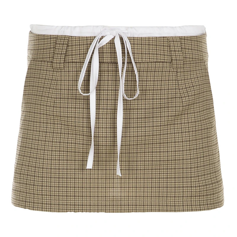 Plaid Mini Shorts Skirt Contrast Color Drawstring High Waist Skirts With Shorts Korean College Style Bottoms