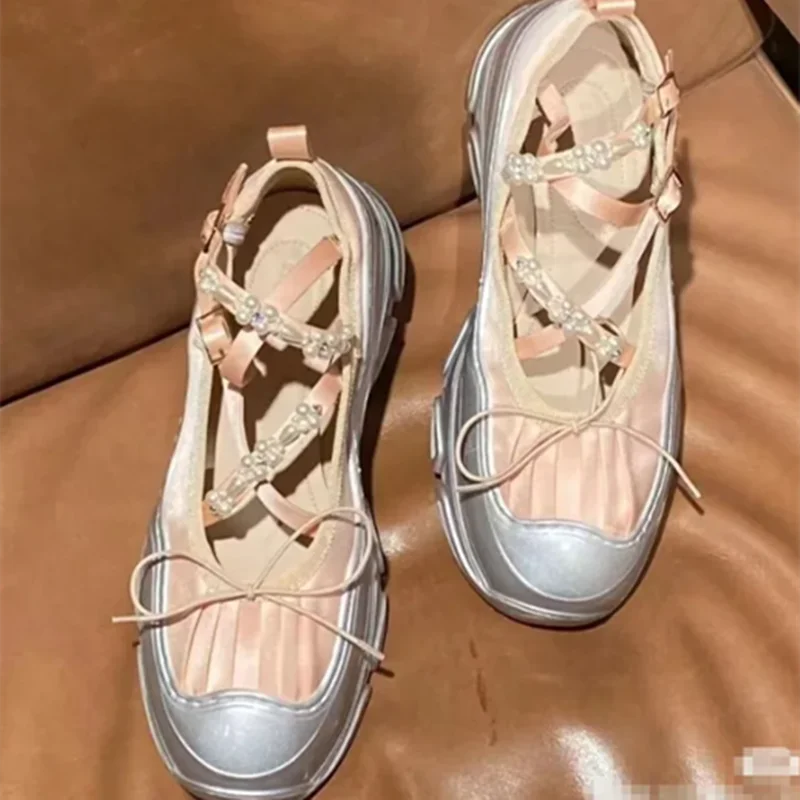 String Bead Butterflyknot Breathable Sneakers Laceup Thick Bottom Handmade Shoes Tenis De Mujer