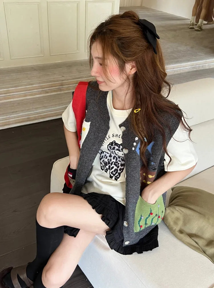 South Korea Hook 3d Flower Vest for Gray Cardigan Clothing Chaleco Mujer Pockets Design Waistcoat