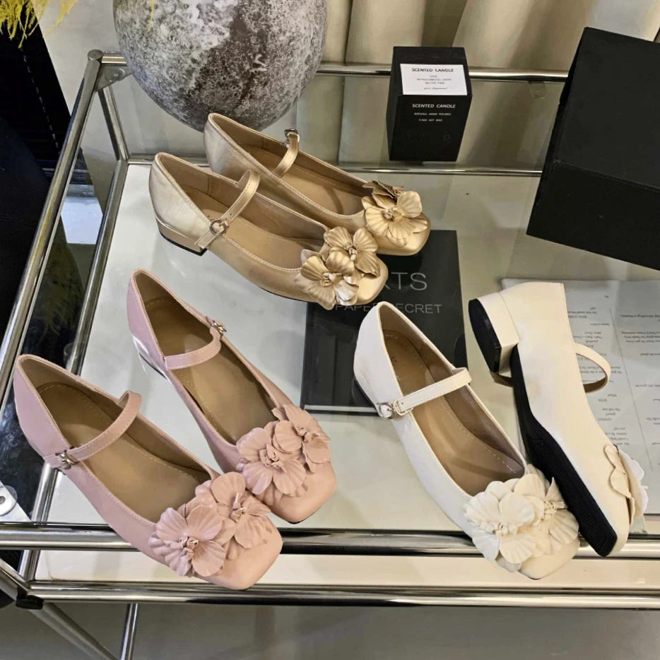 Chunky Heel Flower Mary Jane Shoes Fashions Low Heel Shoes Square Toe Ballet Shoe Designer Pumps Female