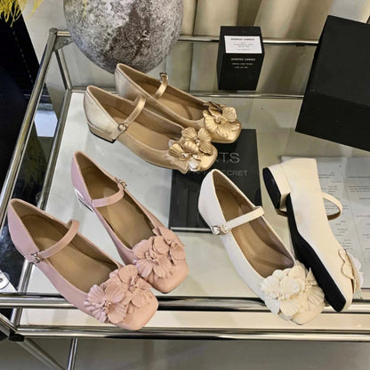 Chunky Heel Flower Mary Jane Shoes Fashions Low Heel Shoes Square Toe Ballet Shoe Designer Pumps Female