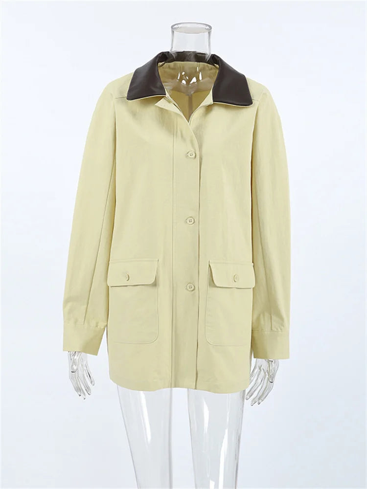 Pocket Trench Outwear for Patchwork Autumn Cardigan Lapel Loose High Waist Coat ’s Overcoat New