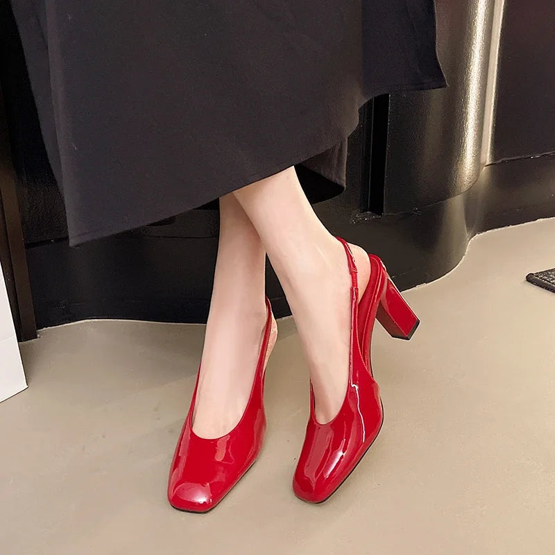 Patent Leather High Heels Square Toe Openheeled Dress Shoes Party Dress Shoes Large Size