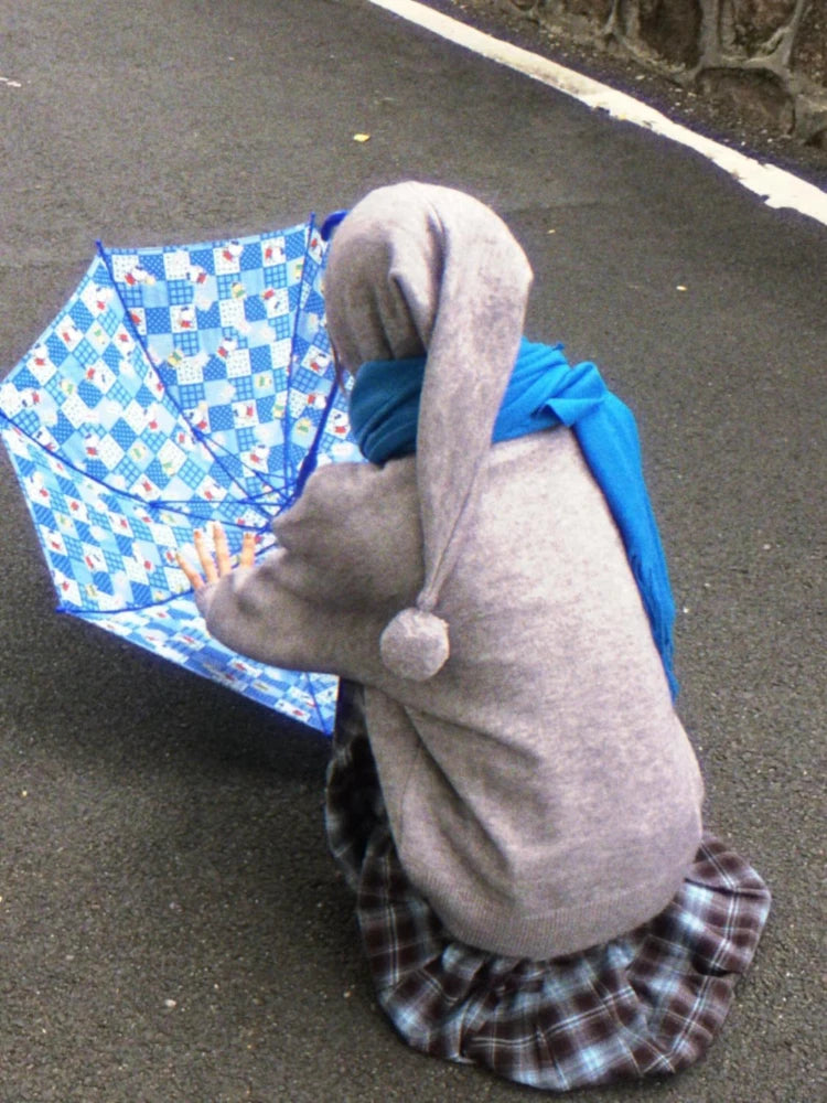 Kawaii Snowman Crochet Sweater Gray Hooded Knitwear Oversize Cutecore Elf Hat Long Sleeve Winter Christmas Clothes