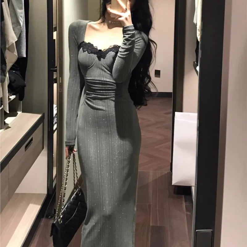 Bodycon Evening Party Dresses Long Sleeve Lace Square Collar Midi Dress High Split Prom Robe Autumn Vestidos New