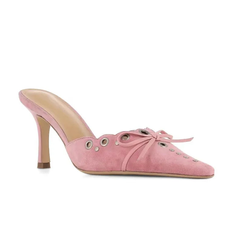 Suede Bow Cutout Pointed Toe Slippers Stiletto High Heels Metal Decorative Sandals Shallow Mules Shoes