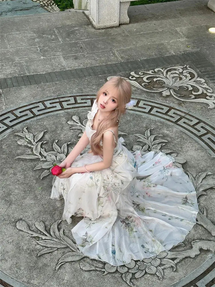 French Print Fairy Midi Dress Evening Party Bow Strap Dress Female Slim Korean Summer