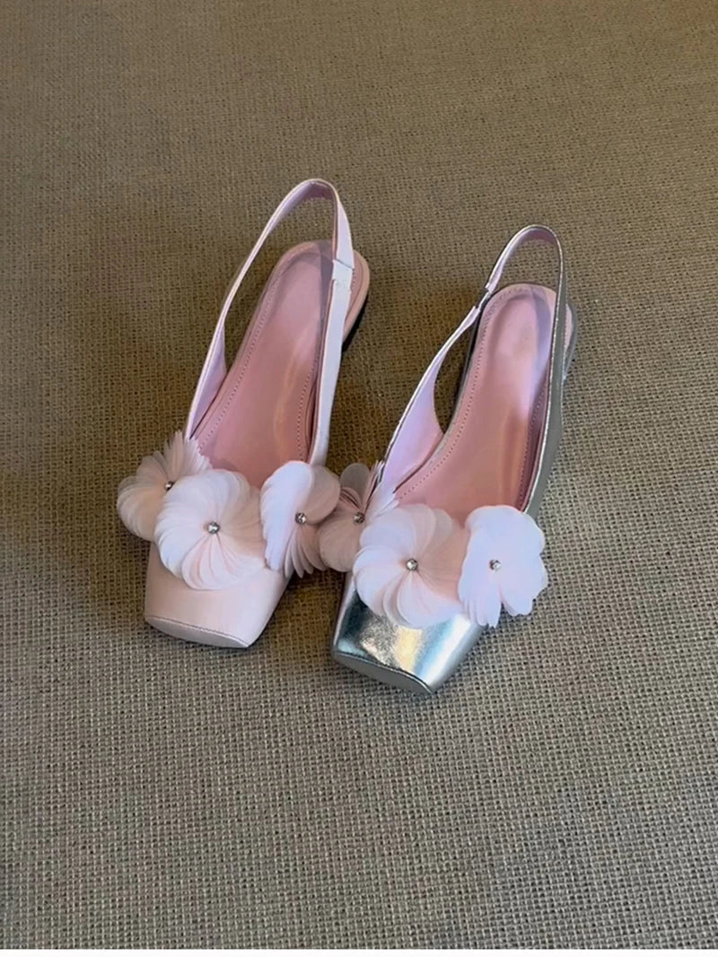 Summer Flower Mules Sandals Square Toe Slip on Singbacks Shoes Dress Flats Sandalias