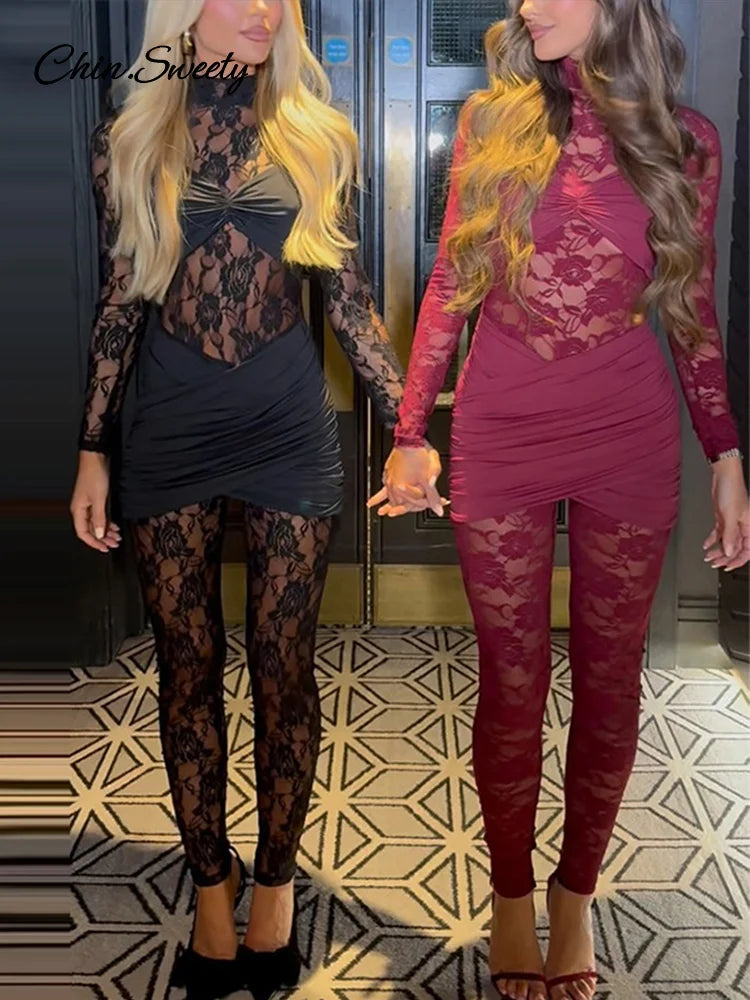 Lace Long Sleeve One Pieces Jumpsuit Mock Neck Bodycon Romper Female Spring New See Through Club Party Overalls
