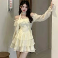 Mini Dresses Woman Off Shoulder Ruffles Aline Long Sleeve Laceup Short Party Dress Korean One Piece New