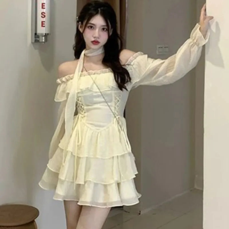 Mini Dresses Woman Off Shoulder Ruffles Aline Long Sleeve Laceup Short Party Dress Korean One Piece New