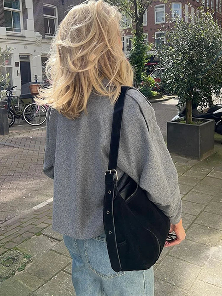 Single Breasted Woolen Coat Loose Lapel Long Sleeve Female Short Jacket Autumn Winter New Grey Lady Outwear