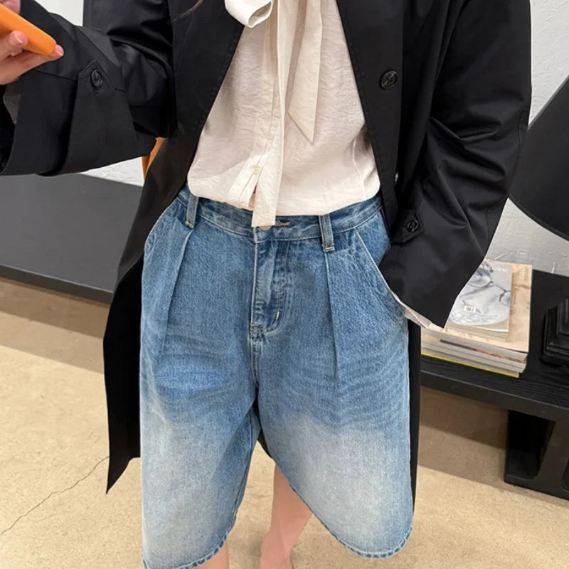Washed Denim Wide Leg Shorts Summer Loose High Waist Blue Straight Half Pants Female