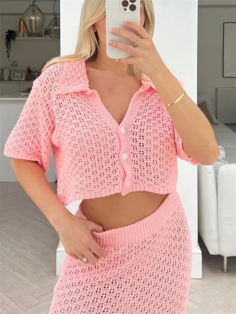 Knit Hollow Out 2 Piece-set Long Skirt ’s Cropped Top Cardigan and High Waist Maxi Skirt Outfits Female Clothes