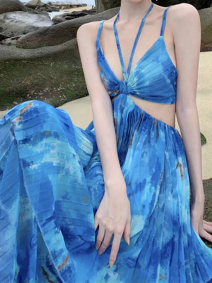 Halter Sleeveless Midi Dress Aline Beach Holiday Clothes Female Print Long Robe New Vestidos