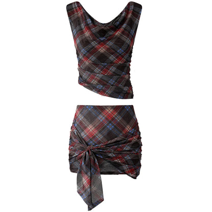 Summer Retro Vacation Plaid Gyaru Coquette 2000s Rave Y2k Hot Outfits 2 Piece Set Crop Tops + Ballet Core Micro Skirt