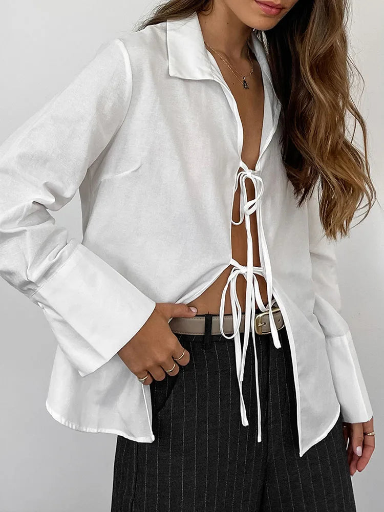 ’s Long Sleeve Shirt Hollow Lace Up Color Top Commuting Patchwork ’s Shirt Cardigan Top