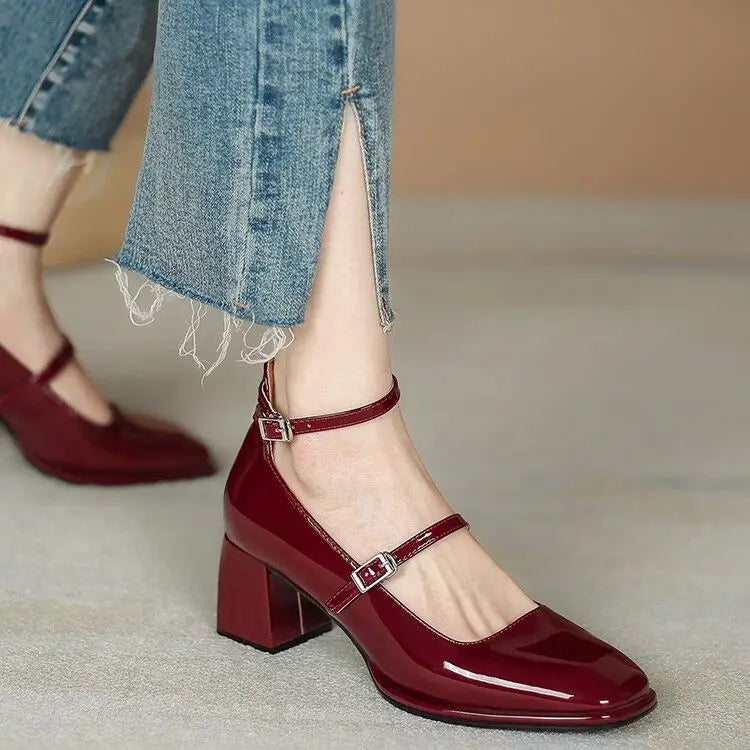 Heels Shoes Mary Jane Shoes Woman Pumps Patent Leather High Heels Dress Shoes Red Wedding Shoes Spring Double Buckle