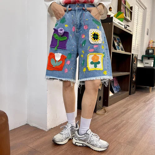 Korobov Knitted Denim Short Pants Female Summer New Loose Pants Tassel Design Short Para Mujeres