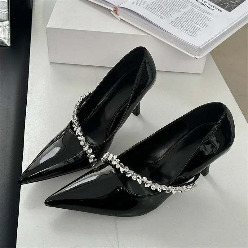 Rhinestone Chain Thin High Heels Pointed Toe Pumps Office Shoes Female Dress Shoes Zapatos De Mujer