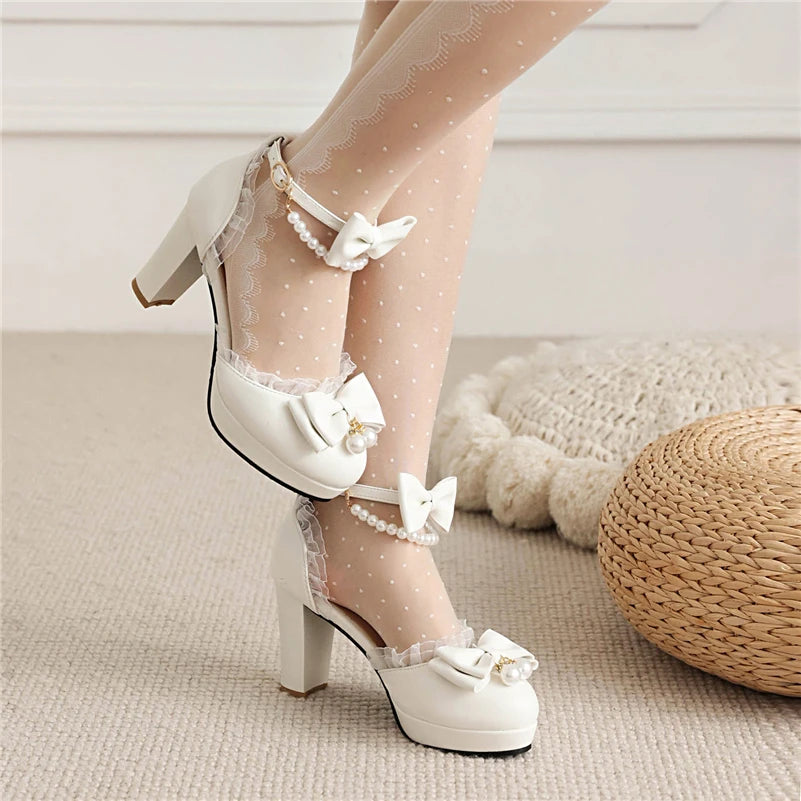 Ankle Strap Twopiece Lolita Pump Round Toe Platform Kawaii Thick High Heel Bow Buckle Bead Cosplay Shoes Autumn