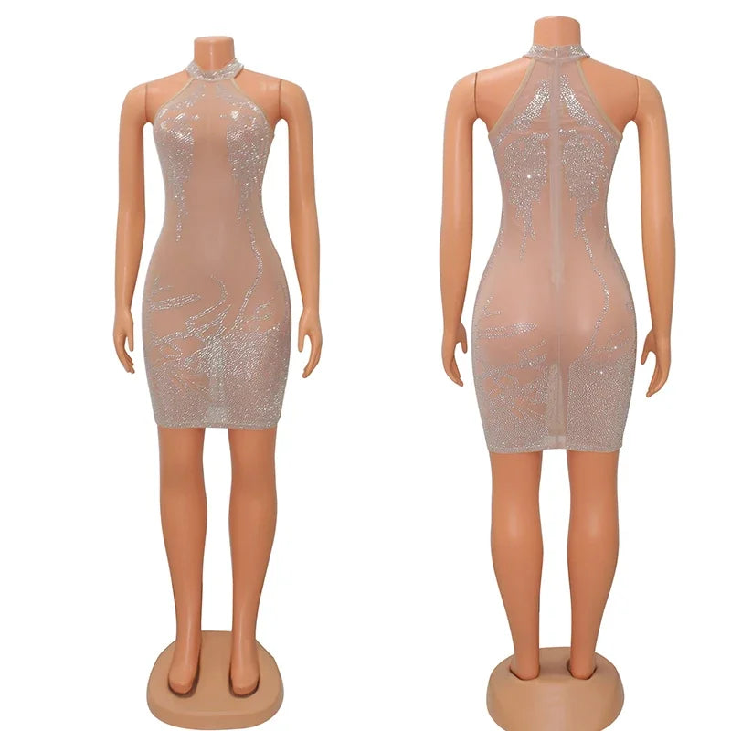Mesh Sheer See Through Party Dress for Party Club Night Mini Bodycon Dress Rhinestone Sparkly Birthday Skirt
