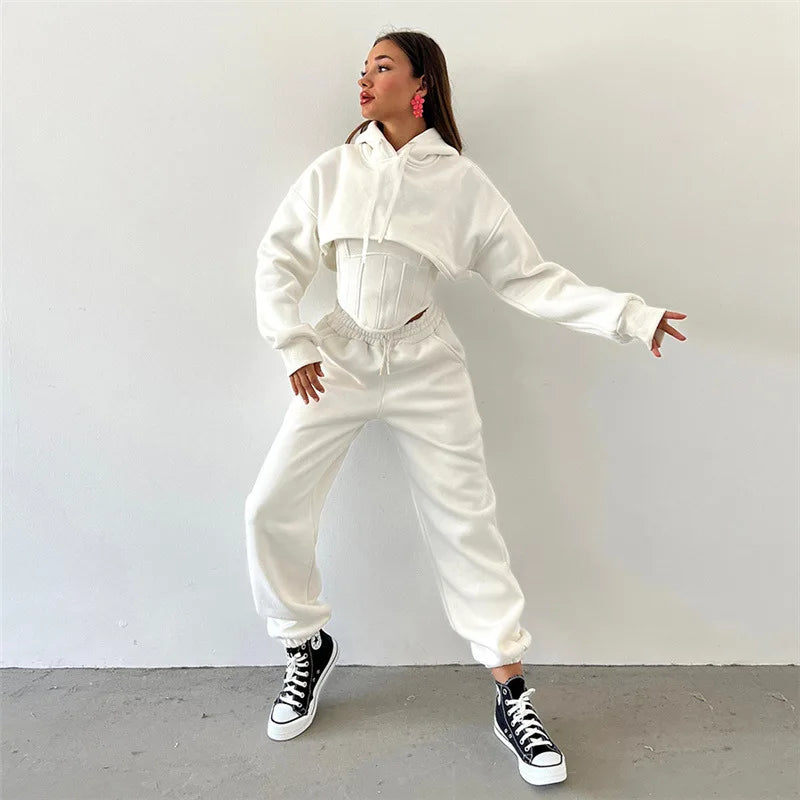 Lace Up Pants Sets Slim Splice Tank Tops Woman Long Sleeve Short Hoodies and Pant Suits Outfits Winter