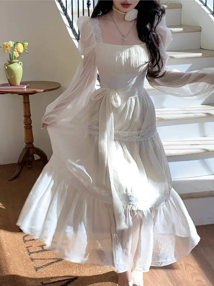 Summer Chiffon Midi Dress Lace Y2k Lolita Fairycore Puff Sleeve High Waist French Evening Party Dresses Prom Robe