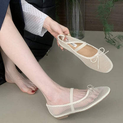 Simple Mesh Breathable Soft Bottom Mary Jane Shoes Design Bowknot Shallow Mouth Flat Shoes Party Ballet Dance Shoe