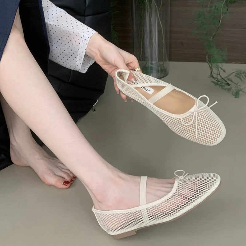 Simple Mesh Breathable Soft Bottom Mary Jane Shoes Design Bowknot Shallow Mouth Flat Shoes Party Ballet Dance Shoe