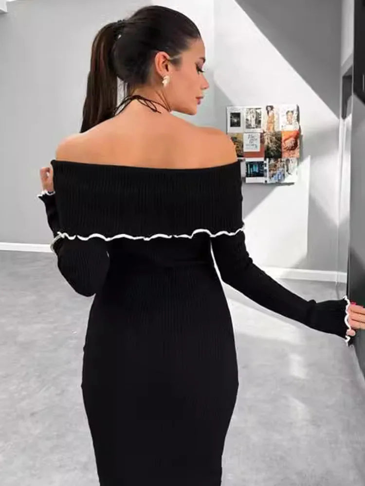 Fall Winter One-shoulder Long Knit Dress Slim Fungus Splice Contrast Color Sweater Female Club Party Dresses
