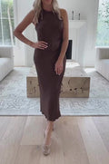 ’s Satin Sleeveless Midi Dress Color O Neck Slim Fit Dresses Female Stylish Street Party Vestido