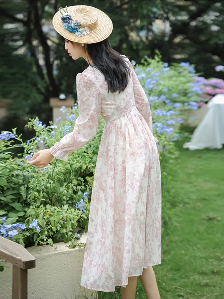 Sweet Pink Princess Dress Bow Petal Sleeve Print Flattering Waist Romantic Lady Midi Dresses Robe Rose Vestidos