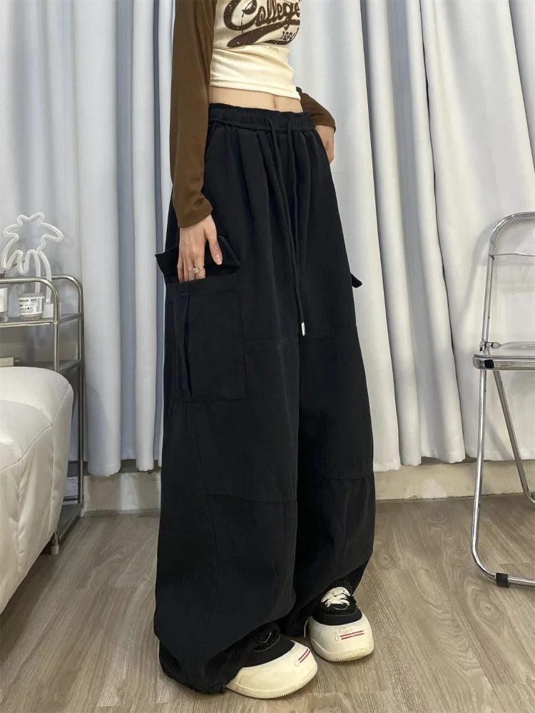 Baggy Cargo Pants Y2k Sweatpants Drawstring High Waist Pocket Patchwork Wide Leg Pants Oversize Trousers