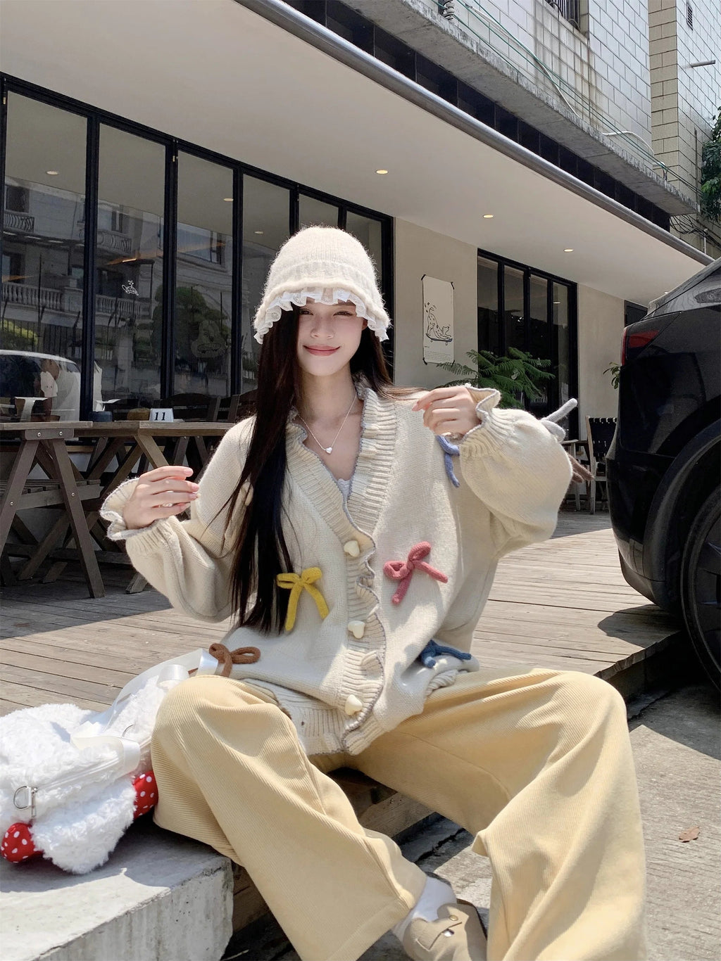 Korean Gentle and Sweet 3d Bow Love Buckle Thick Sweater Clothing Autumn Loose Knitted Cardigan Tops
