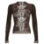 Contrast Color Mesh T-shirt Long Sleeve O Neck Fitted Crop Top Semi-sheer Grunge Style Brown Tee