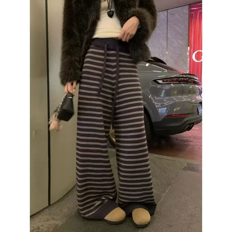 Laceup Loose Knitted Pants Spring New Korean High Waist Contrast Color Striped Wide Leg Pants