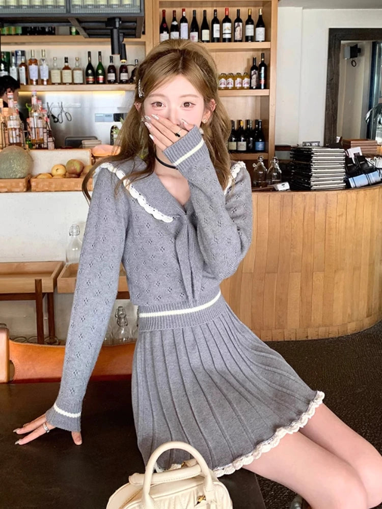 Winter Spring New 2 Piece Mini Sweater Knit Pleated Skirts Set Slim Korean Preppy Style Female Outfits