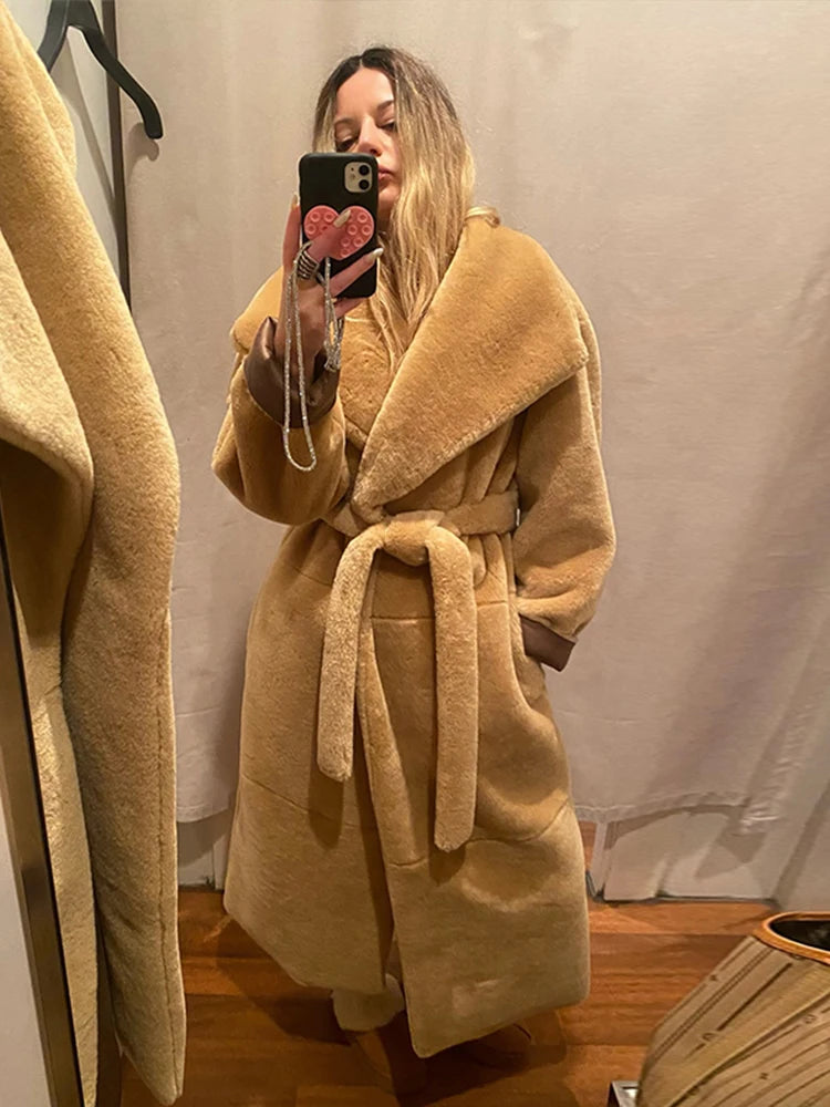 Furry Faux Fur Long Coats With Belt Big Lapel Long Sleeve Pocket Plush Overcoats Lady Winter High Street Outwear