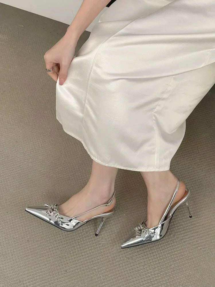 Design Crystal Rhinestone Pumps Buckle Strap Banquet Thin High Heels Prom Sandals Mule Shoes Zapatos De Mujer