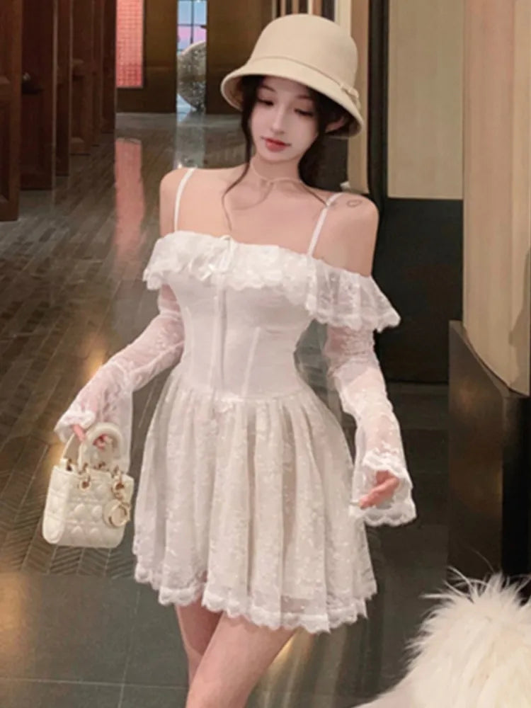 Lace Mini Dress for Sweet Slash Neck Spaghetti Strap Flare Long Sleeves Ruffle Slim Party Dresses Female Clothing New