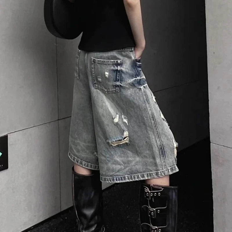 Y2k Denim Shorts American High Waist Baggy Wide Leg Denim Shorts New Hole Straight Knee Length Pants