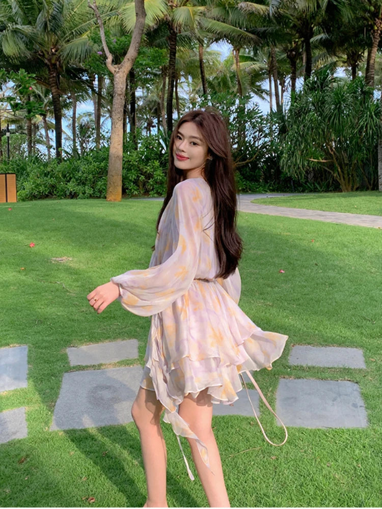 Summer New Sweet Chiffon Mini Dress Beach Party Vneck Mini Dress One Piece Dress Korean Clothing