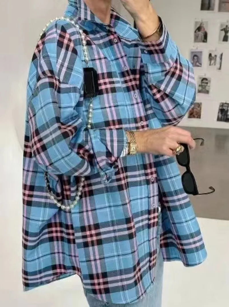 Summer Oversized Plaid Shirt Long Sleeve Loose Fit Blouse Autumn Female Office Shirt Tops for Woman